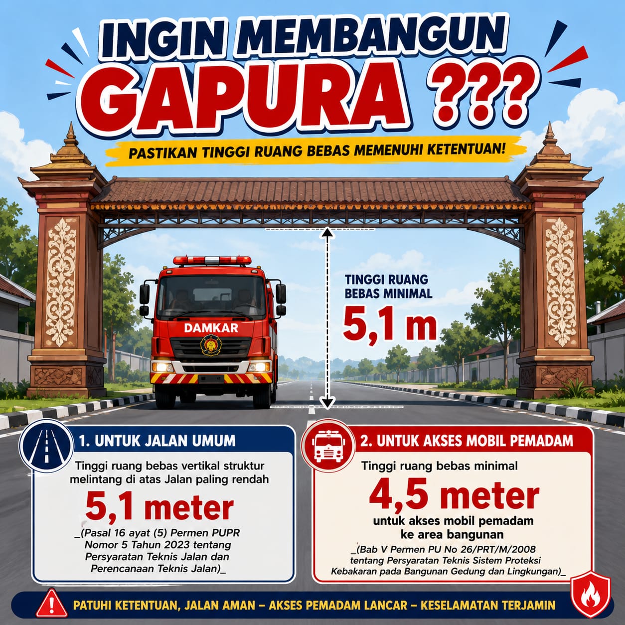 Damkar Imbau Masyarakat Perhatikan Akses Kendaraan Pemadam dalam Pembangunan Gapura di Jalan Umum