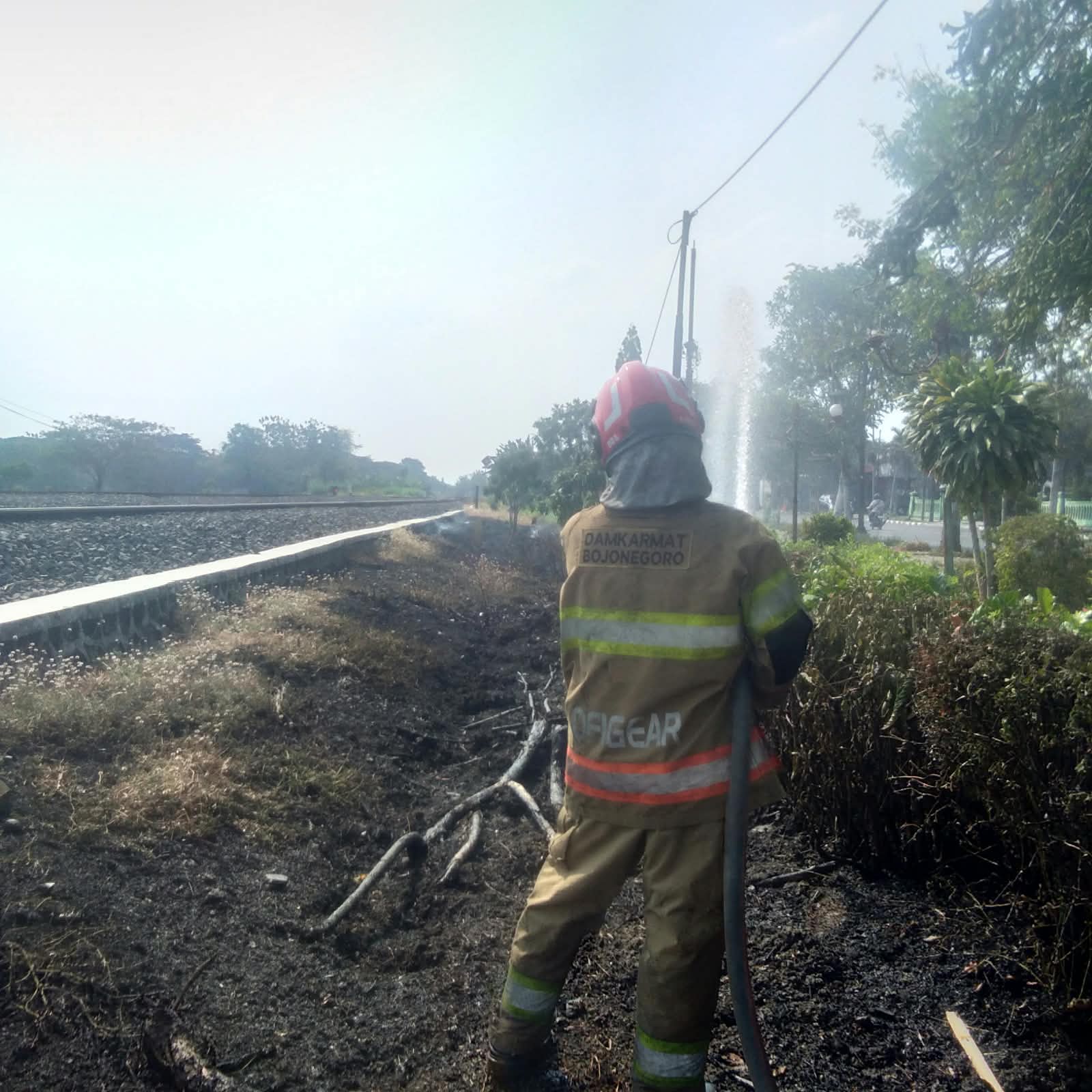 Damkarmat Bojonegoro Padamkan Kebakaran Lahan di Jalan A. Yani Sukorejo